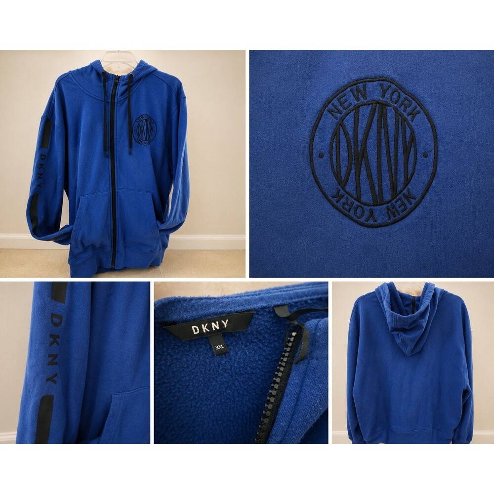 DKNY New York Men’s XXL Blue Full Zip Fleece Hoodie Logo Sweatshirt
